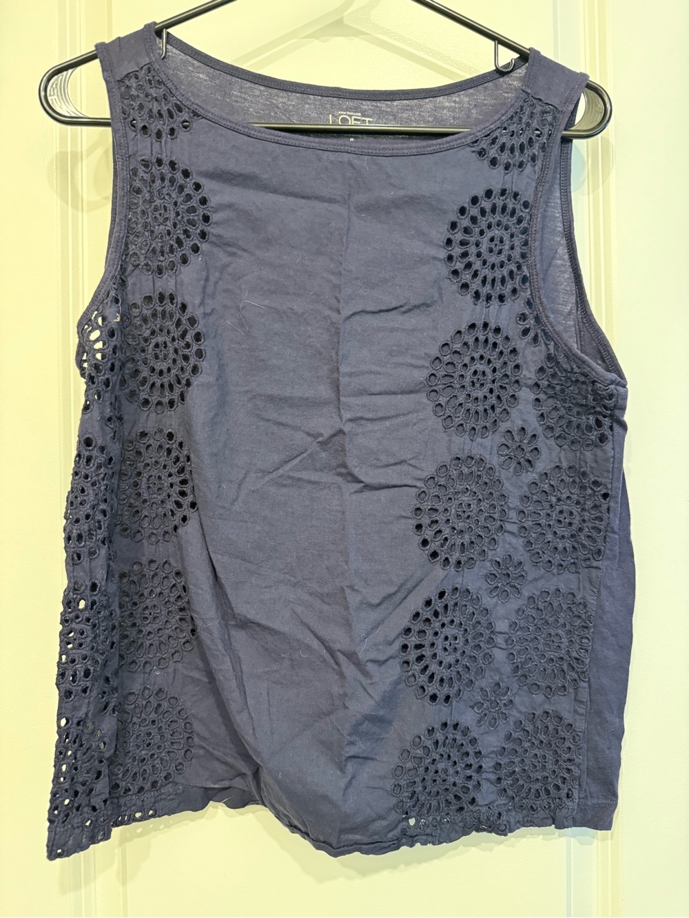 LOFT Navy Eyelet Sleeveless Cotton Tank Top, medium